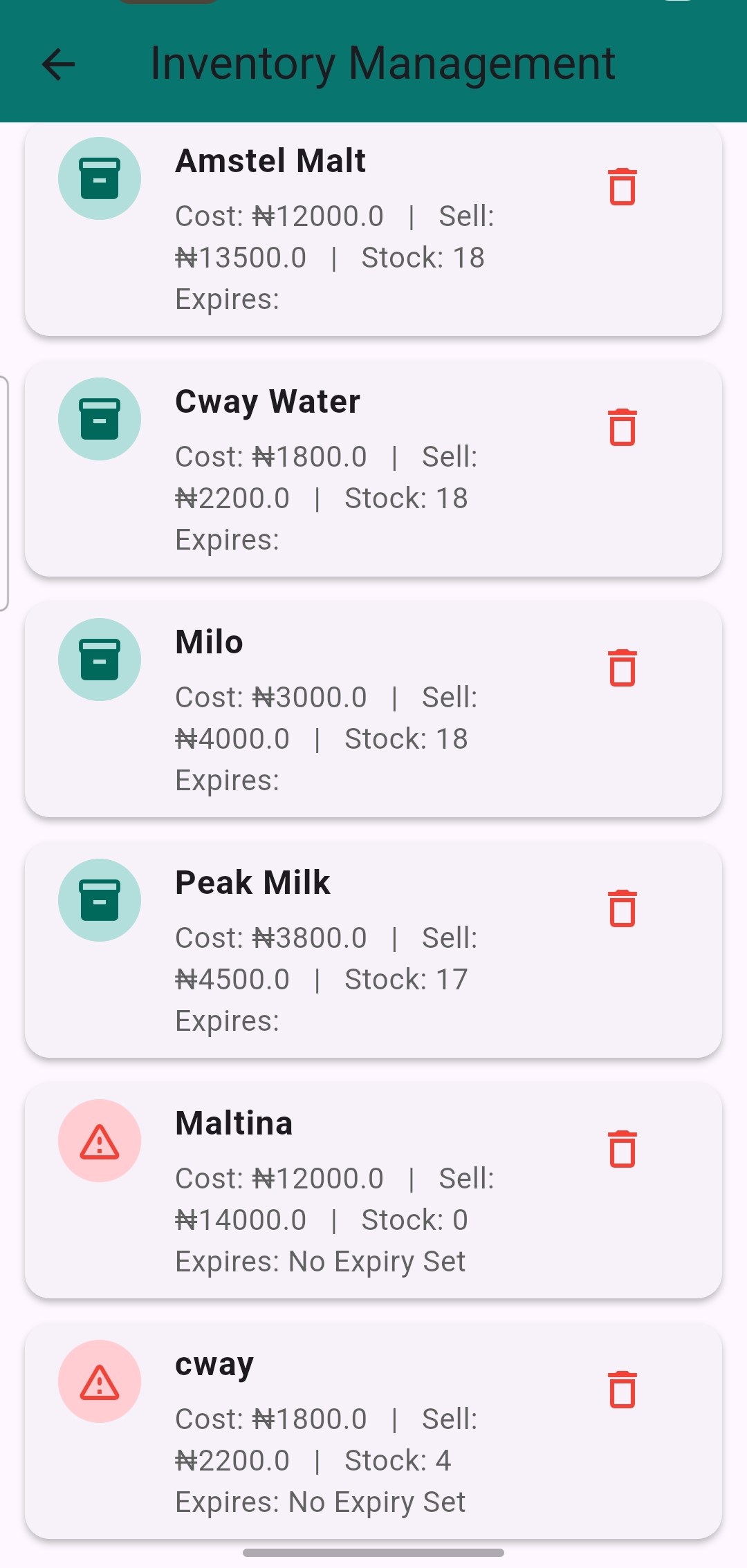 Inventory Management screen showing stock levels